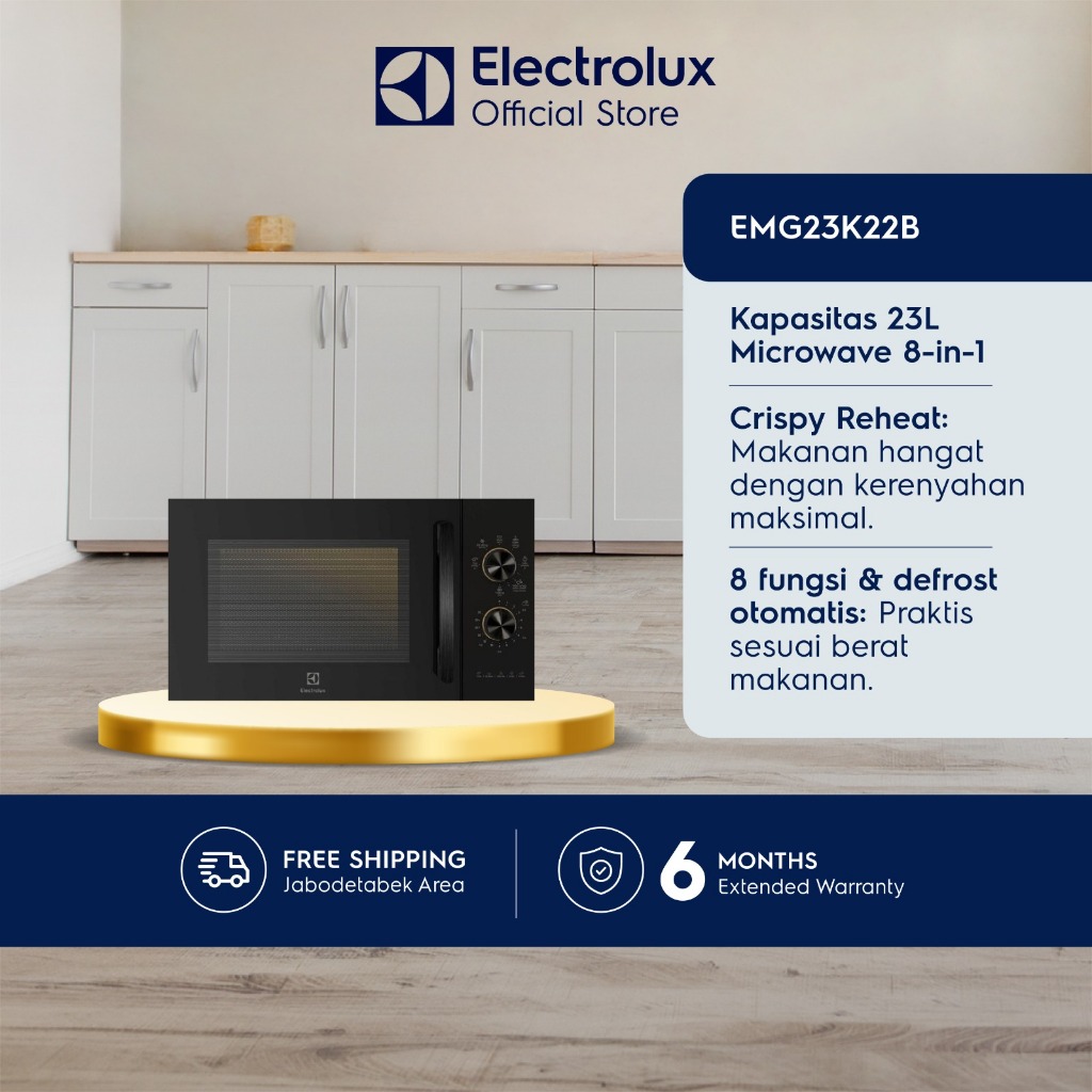 Electrolux Microwave 23L Microwave 8-in-1 : Quick Cook, Reheat, Simmer, Defrost, Melting, Combi Grill, Auto cook Crispy Reheat: Hangatkan Makanan hasil renyah dan lezat Free Grill Rack, Turntable rack Flexible Power : Heating Start 800 W   EMG23K22B