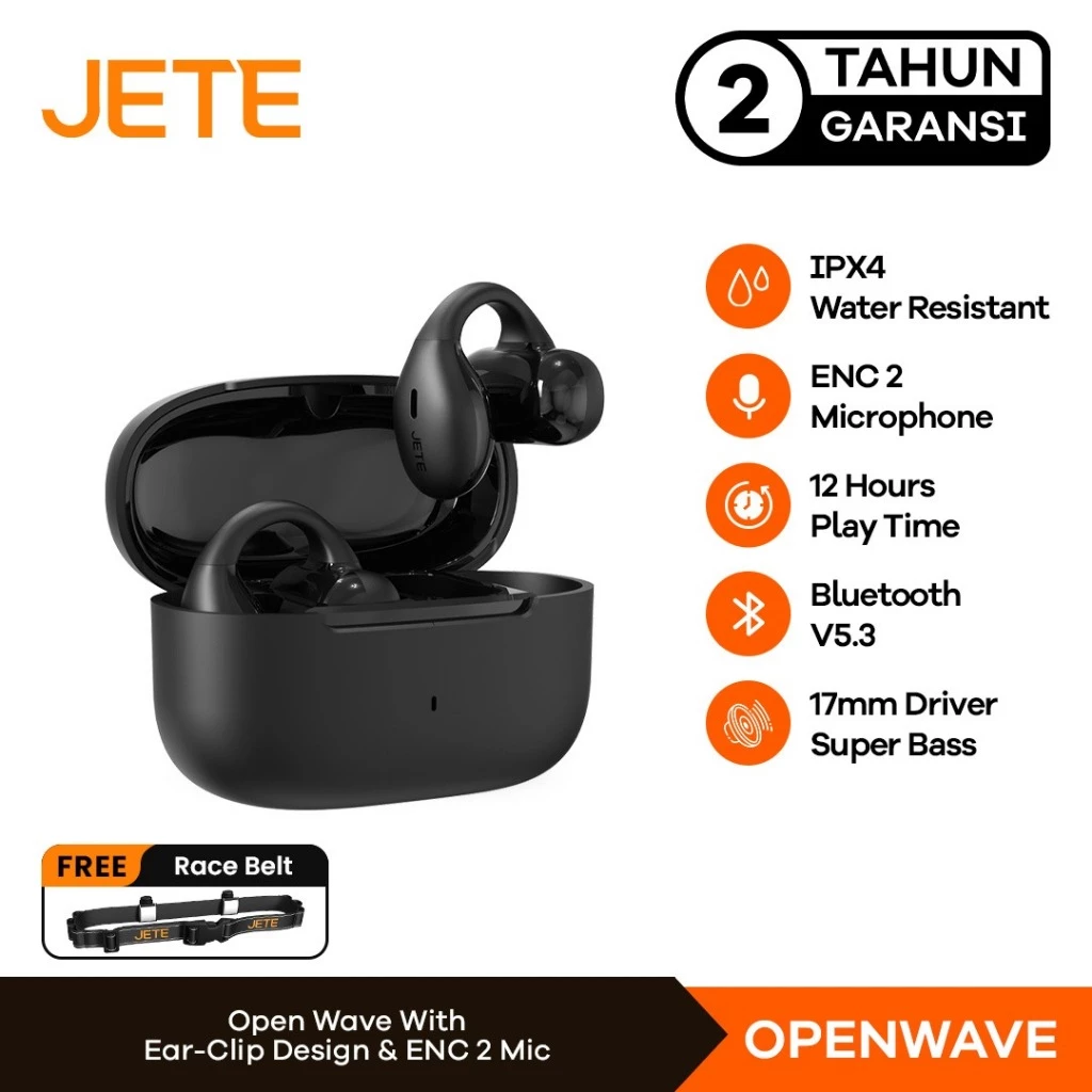JETE OpenWave TWS Open Ear OWS Clip Headset Lari dan Kerja ENC 2 Mic , Super Bass 17mm Driver (RTL)