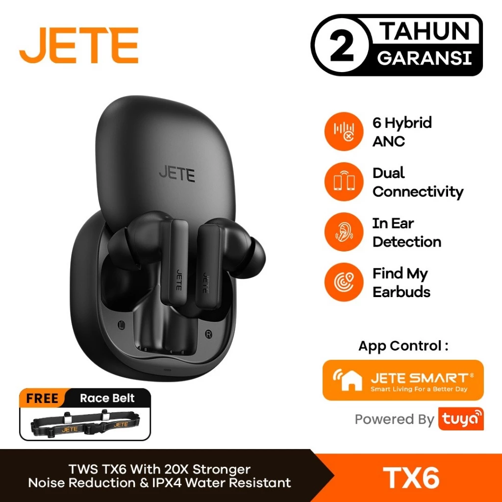 TWS JETE TX6 Wireless Earphone with sliding case Headset Bluetooth V6.0 ANC NOISE CANCELLING IPX4 Super Bass ENC 4 Mic Type C charging (RTL)