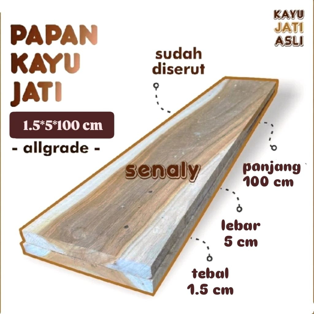 Papan Kayu Jati Tipis 1,5 cm Dimensi 1,5x5x100 cm Serut Rapi Presisi - senaly - - Gambar 2