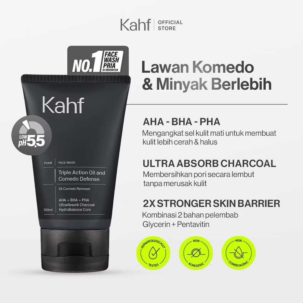 Kahf Triple Action Oil and Comedo Defense Face Wash 100 ml - Sabun Wajah / Merah Jingga Official - Gambar 3