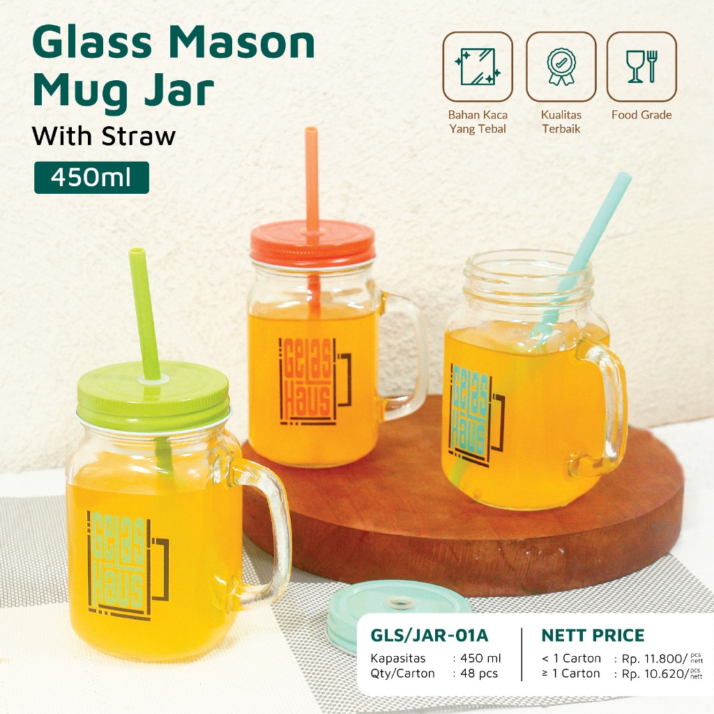 Gelas Minum Kaca Mug Mason Jar 450 ml With Straw - 1 Karton (48 pcs) - Gambar 3