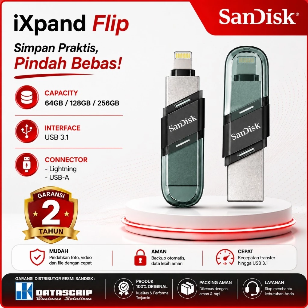 SANDISK Flashdisk Otg Lightning 64gb /128gb / 256gb iXpand Flip USB 3.1 Garansi Resmi 2 Tahun