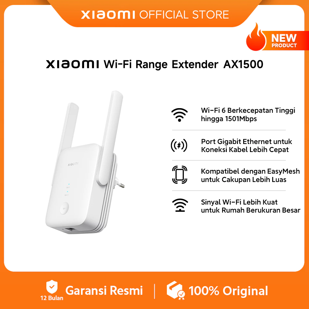 Xiaomi Wifi Extender AX1500 / Wi-Fi 6 Berkecepatan Tinggi hingga 1501Mbps / Port Gigabit Ethernet untuk Koneksi Kabel Lebih Cepat / Kompatibel dengan EasyMesh untuk Cakupan Lebih Luas / Sinyal Wi-Fi Lebih Kuat untuk Rumah Berukuran Besar [Xiaomi Official]