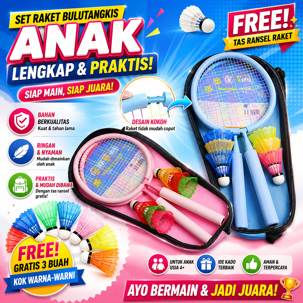 Set 2 Pcs Mainan Raket Bulutangkis Anak Ringan FREE Tas dan 3 Kok Nilon Cocok untuk Anak-anak