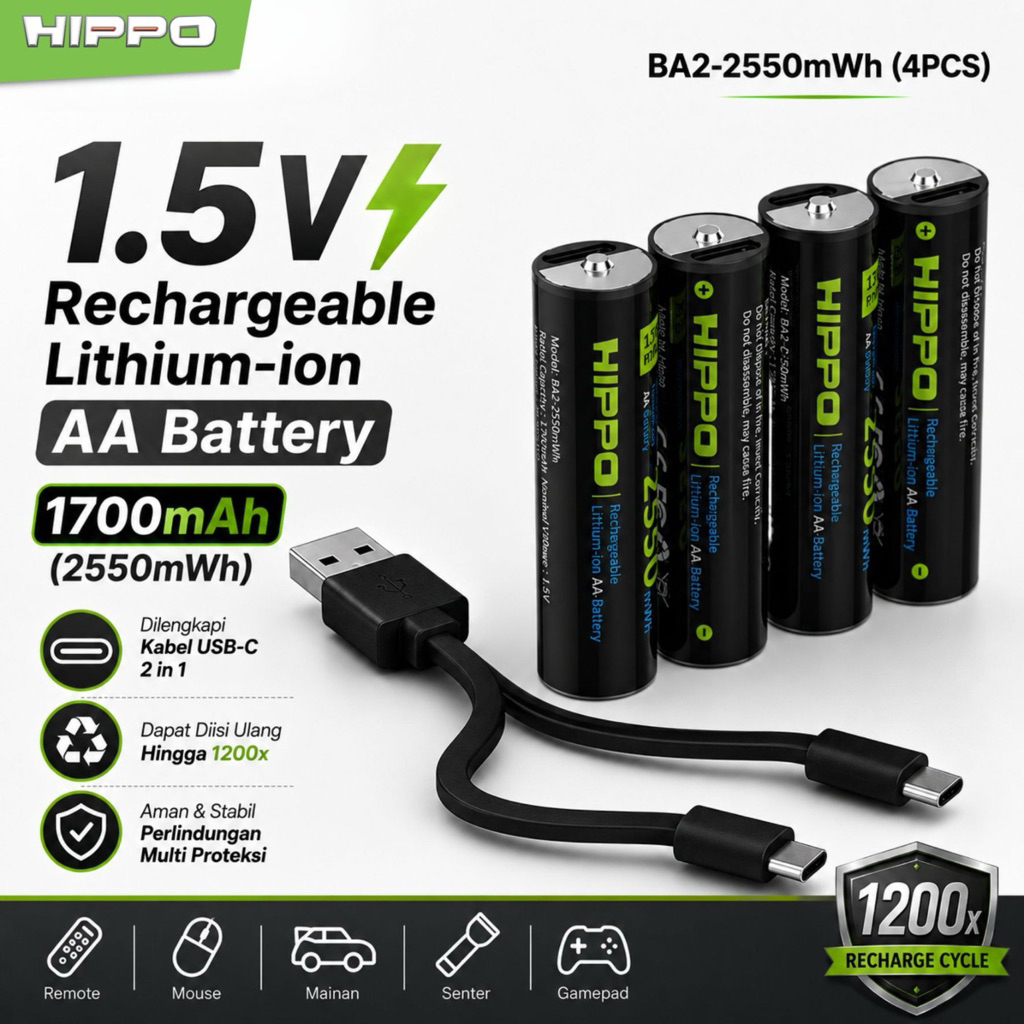 Hippo BA2 Baterai Cas isi Ulang AA 1.5V 1700 Mah Type-C USB Rechargeable Lithium Battery Charge