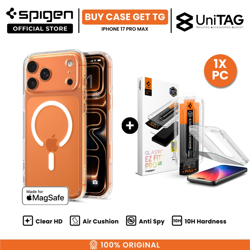 SPIGEN Special Bundling for iPhone 17 Pro Max Case Ultra Hybrid MagFit Clear White + Tempered Glass with Tray 1 Pack Glas.tR EZ Fit Pro HD Privacy