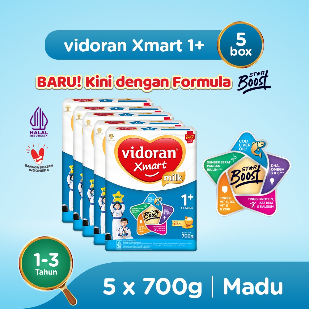 vidoran Xmart 1+ Madu 700gr Susu Formula Pertumbuhan Anak 1-3 Tahun - 5 box (Exp: 04.2027)