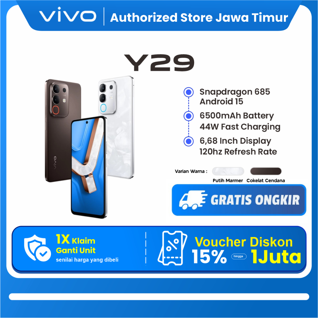 Vivo Y29 6/128GB 8/128GB 8/256GB [+8GB Extended RAM]  Design Marmer Eksklusif, 6500mAh Tahan 3 Hari, Tahan Banting Ekstrem, IP69 Tahan Air Ekstrem