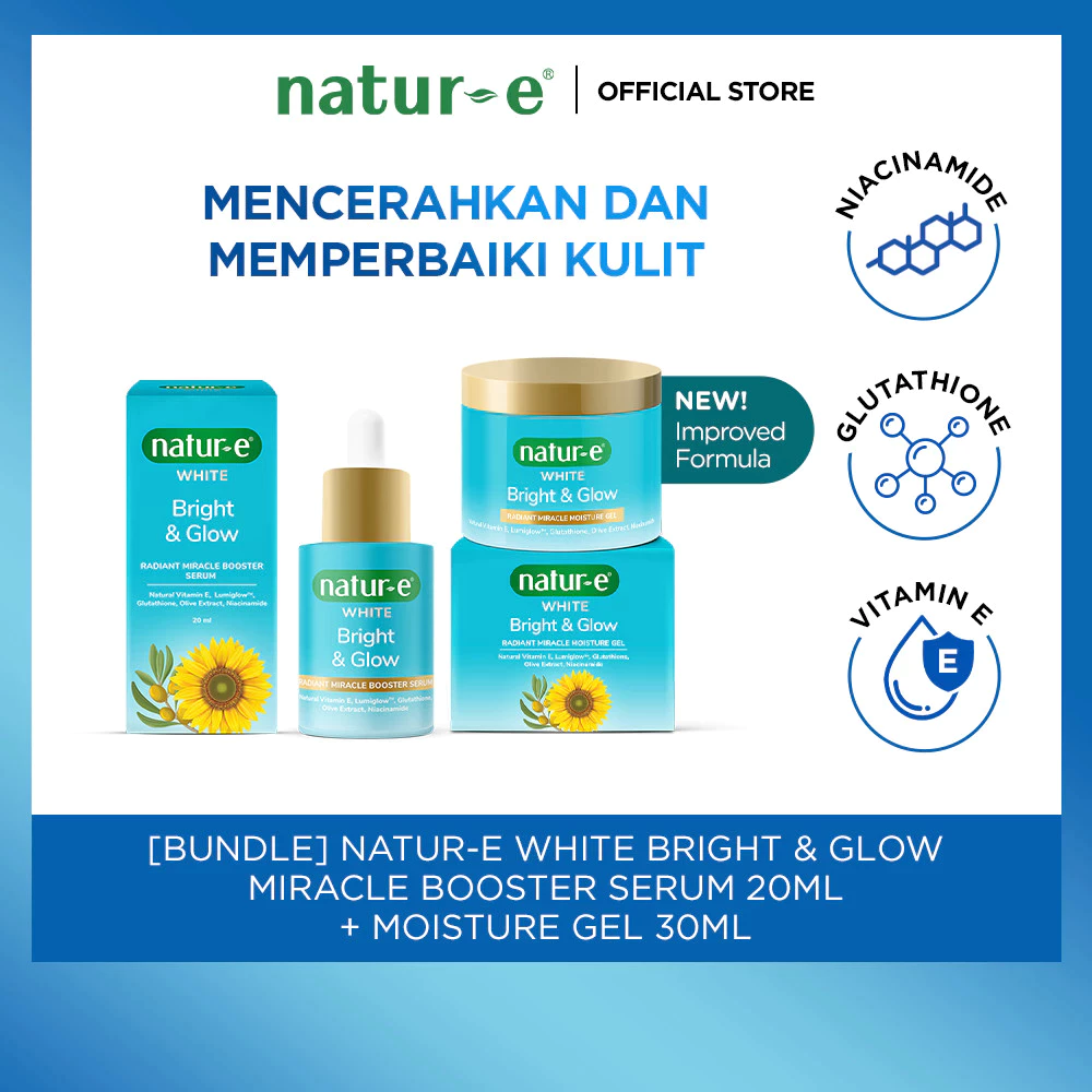 Natur-E Paket White Bright & Glow Radiant Miracle Booster Serum 20ml + Moisture Gel 30ml - Skincare Mencerahkan dan Memperbaiki Kulit dengan Vitamin E, Glutathione & Niacinamide - Gambar 2