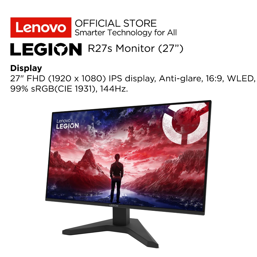 Lenovo Monitor Gaming Legion R27s C1WW 27" FHD IPS 144Hz VESA Media Sync 99% sRGB Antiglare 3-side NearEdgeless Tilt Stand VESA DisplayPort HDMI Monitor 27inch 68CCGAC1WW Raven Black Garansi Resmi Lenovo Indonesia 3 Tahun - Gambar 2