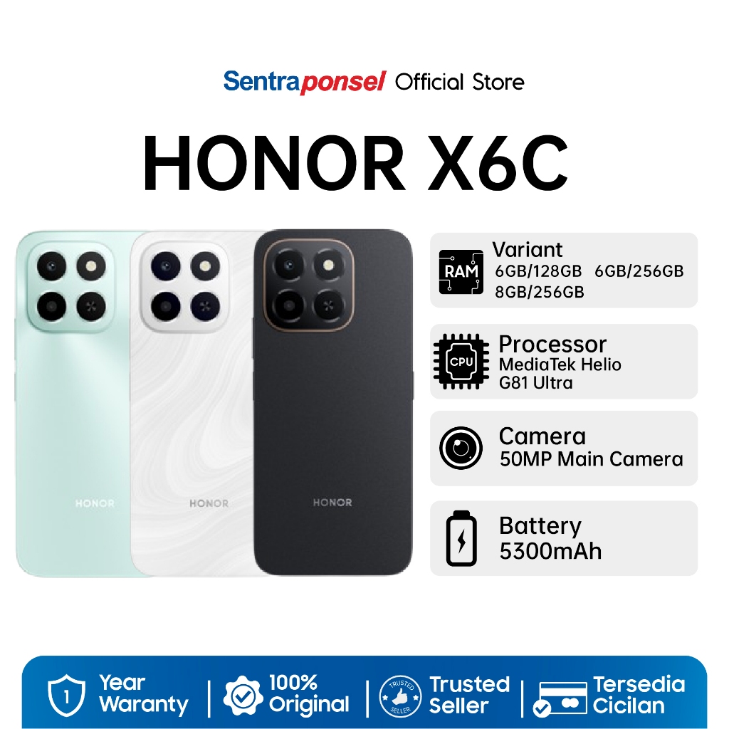 HONOR X6C 6GB/256GB NFC MediaTek Helio G81 Ultra, 5300mAh 35W / Garansi Resmi Honor Indonesia 1 Tahun