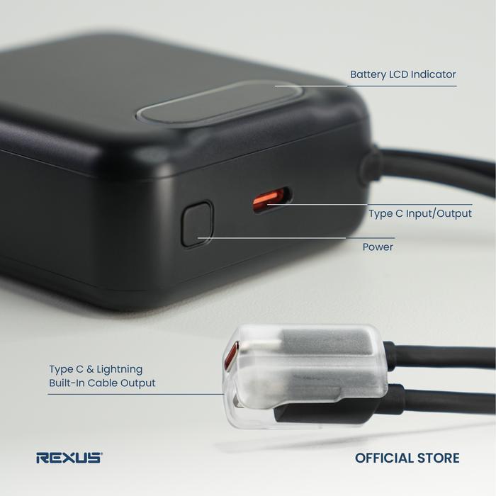 Rexus PBW30 / PBW-30 Travel Powerbank 10000mAh Built-in 20W Type C Cable Fast Charging - Gambar 2
