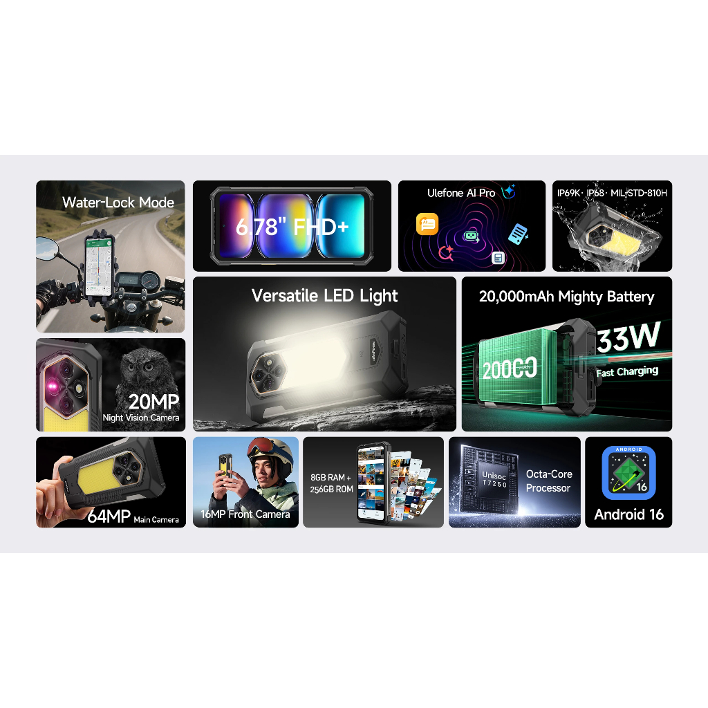 Ulefone RugKing 5 Pro 6.78''LCD IPS 8GB 256GB Unisoc T7250 20000mAh 33W 64MP Main 20MP Night Vision - Gambar 3