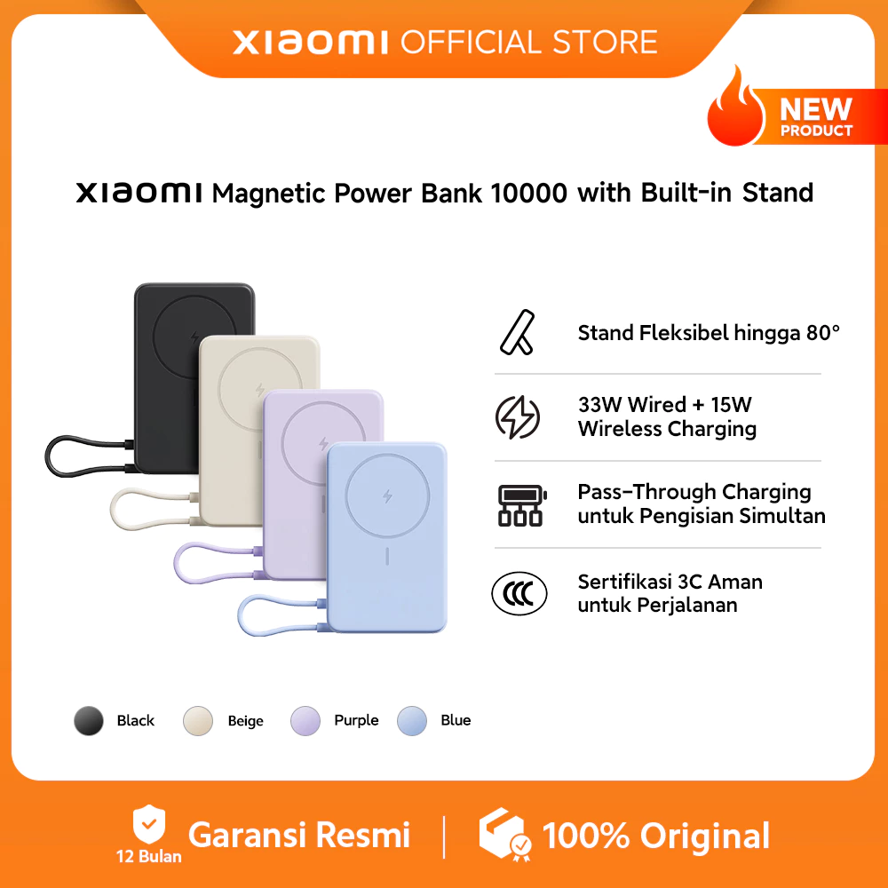 Xiaomi Magnetic Power Bank 10000mAh with Built-in Stand / Stand Fleksibel hingga 80° / 33W Wired + 15W Wireless Charging / Pass-Through Charging untuk Pengisian Simultan / Sertifikasi 3C Aman untuk Perjalanan / Powerbank [Xiaomi Official Store]