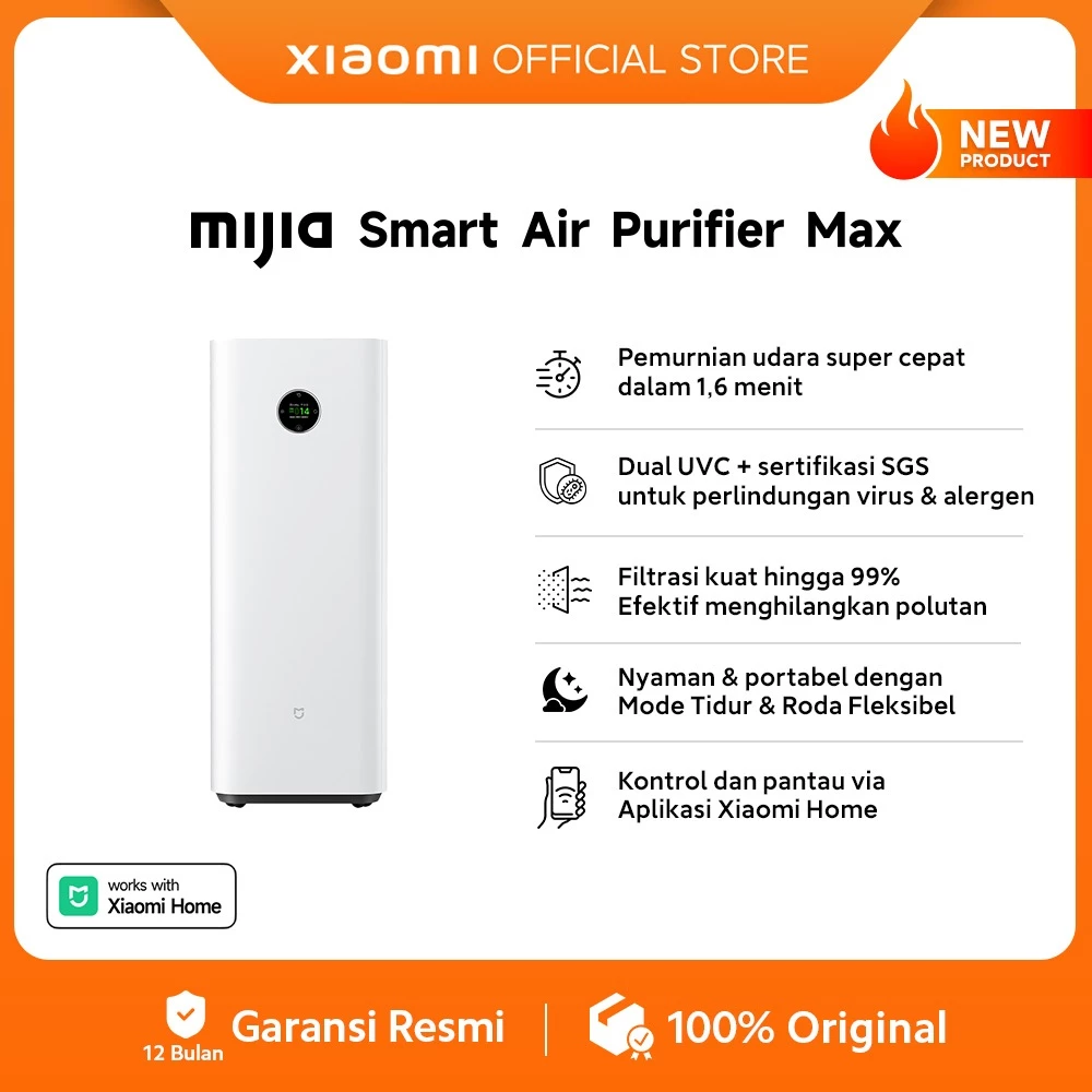 Mijia Smart Air Purifier Max / Pemurnian udara super cepat dalam 1,6 menit / Dual UVC + sertifikasi SGS untuk perlindungan virus & alergen / Filtrasi kuat hingga 99% Efektif menghilangkan polutan / Nyaman & Portabel dengan Mode Tidur dan Roda Fleksibel
