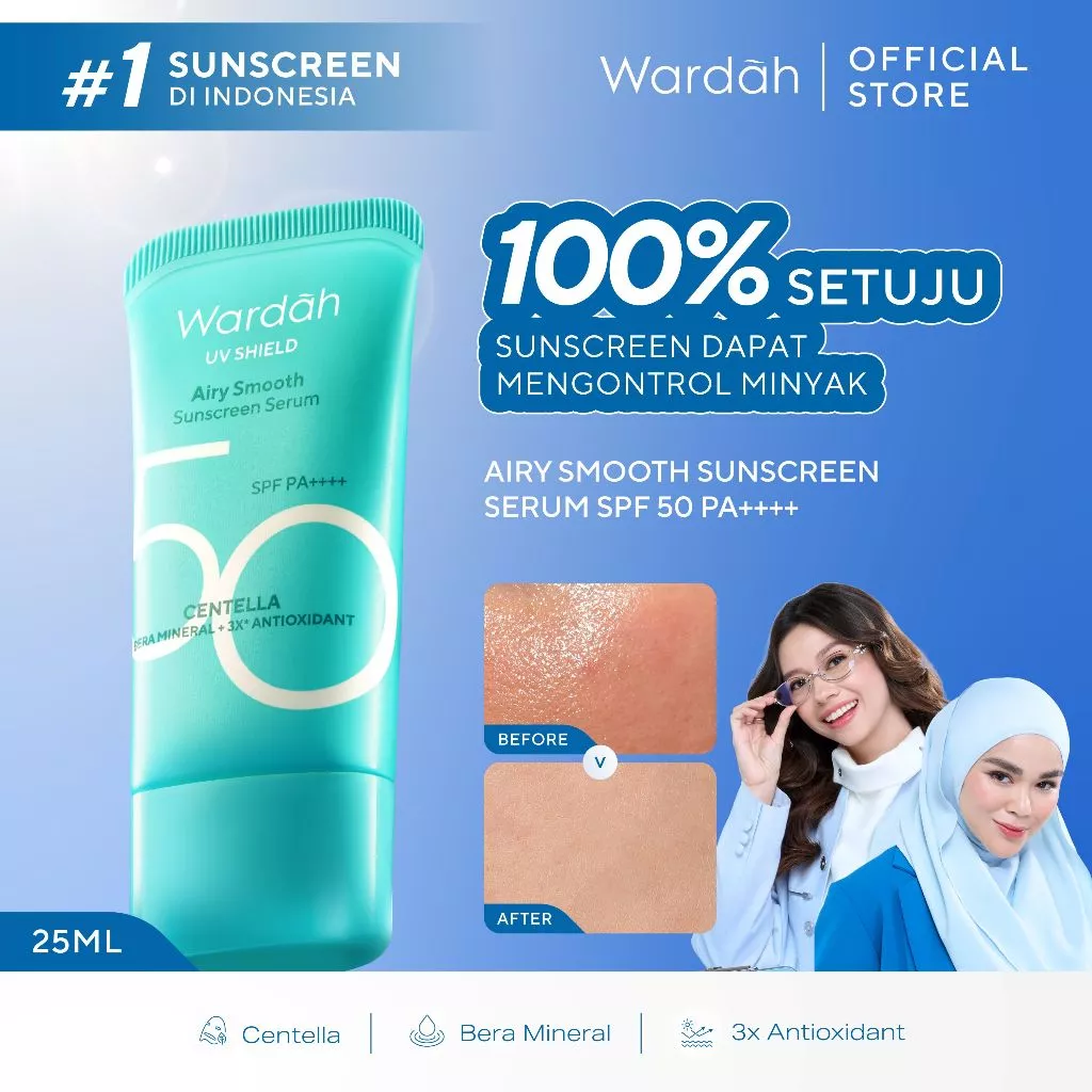 Wardah Sunscreen UV Shield Airy Smooth Serum SPF 50 PA++++ 25ml Single, Twinpack, Triple Pack Sunscreen Wajah - Meredakan Jerawat, Ringan, Mudah Meresap Calming and Repair Boosting - Sunscreen 50 SPF BPOM - Sunscreen No. 1 Sunscreen of the Year - Gambar 2
