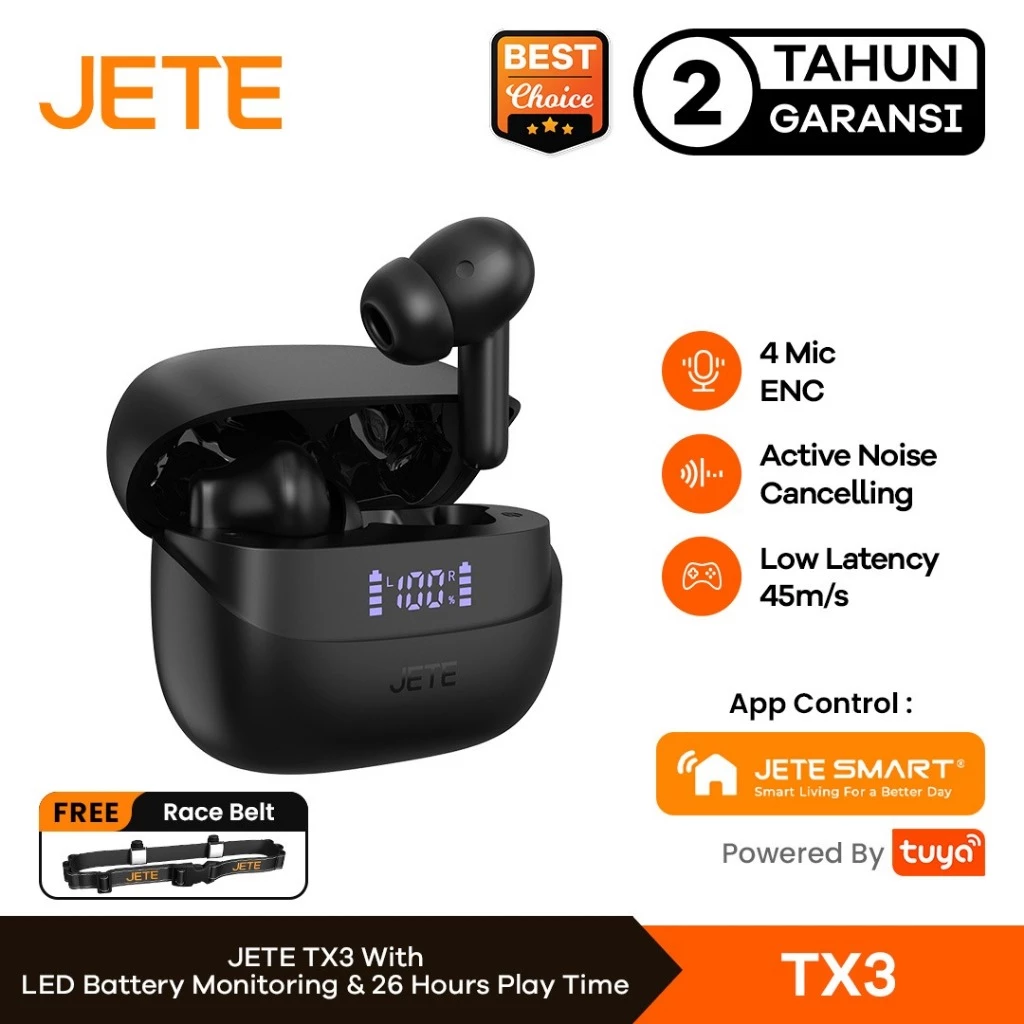 JETE TWS TX3 ANC with Apps Control and Equalizer Low Latency 45m/s - Garansi 2 Tahun (RTL)