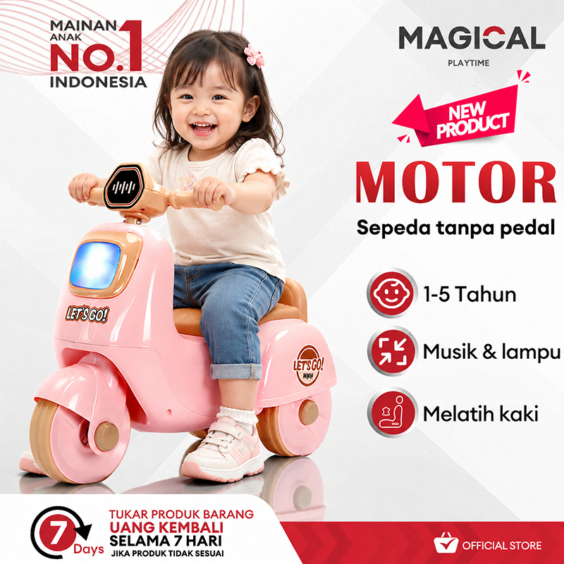 MAGICAL PLAYTIME Motor Anak Tanpa Pedal 1-5 Tahun Sepeda Mainan Ride On Musik Lampu Melatih Kaki Baby Walker