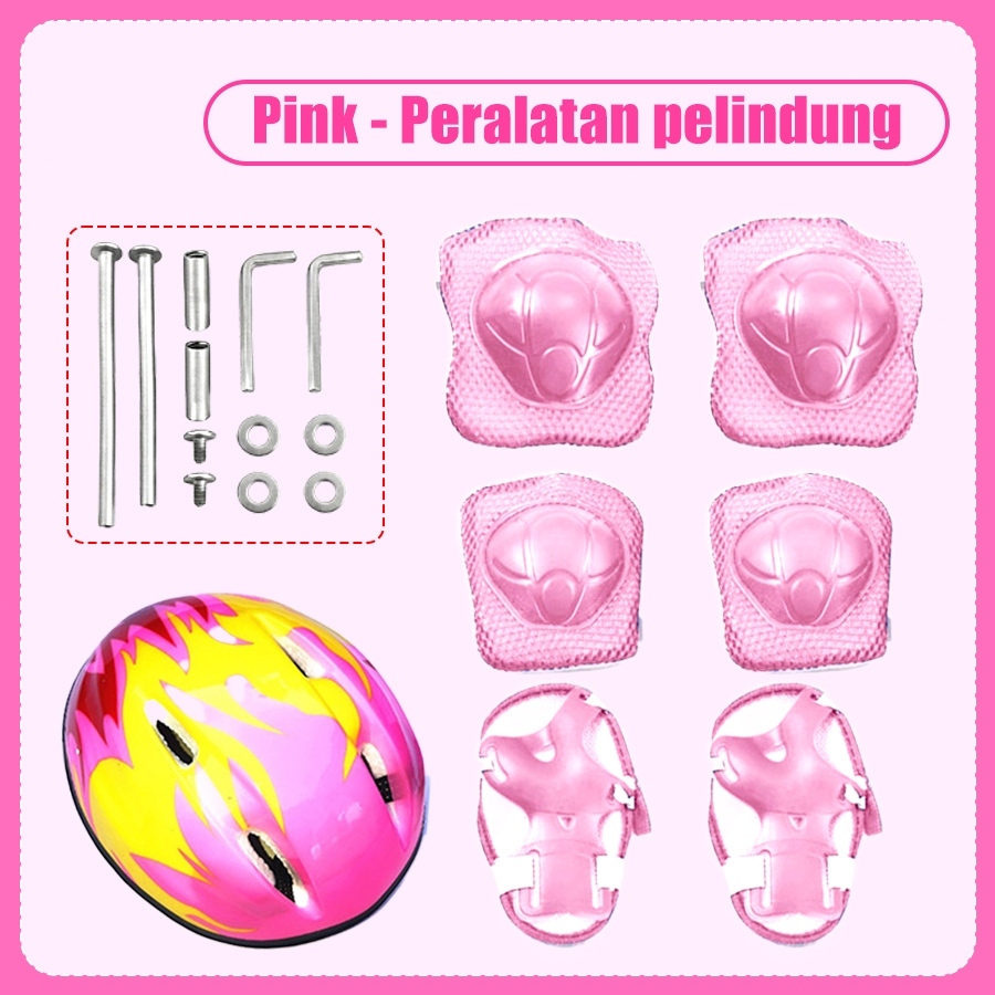Matougui sepatu roda/Sepatu es untuk anak-anak beserta perlengkapan pelindung yang serasi, helm, baut, pelindung lutut, dan sebagainya.