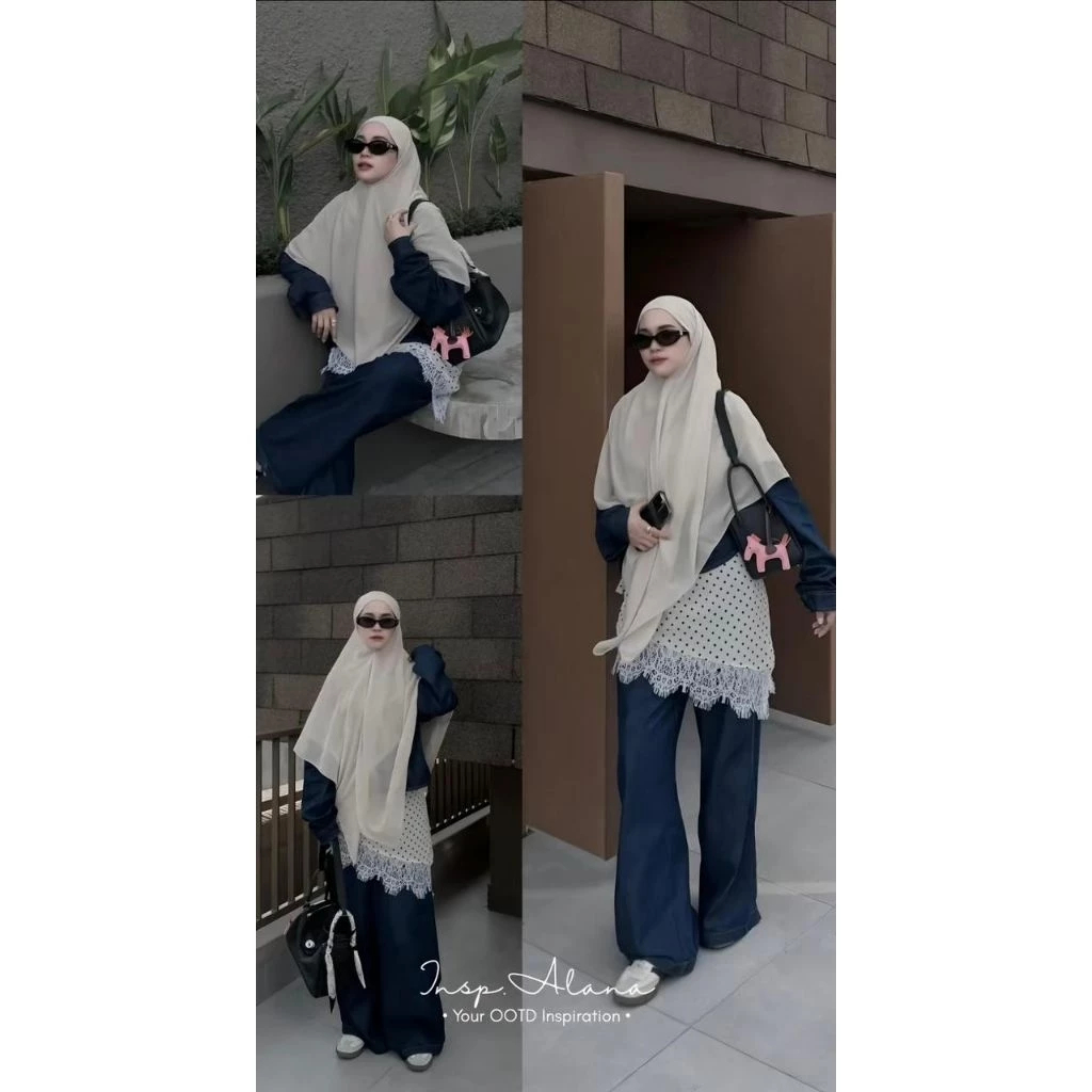 French Khimar Khaki Hitam Allsize Bahan Ringan - Gambar 4