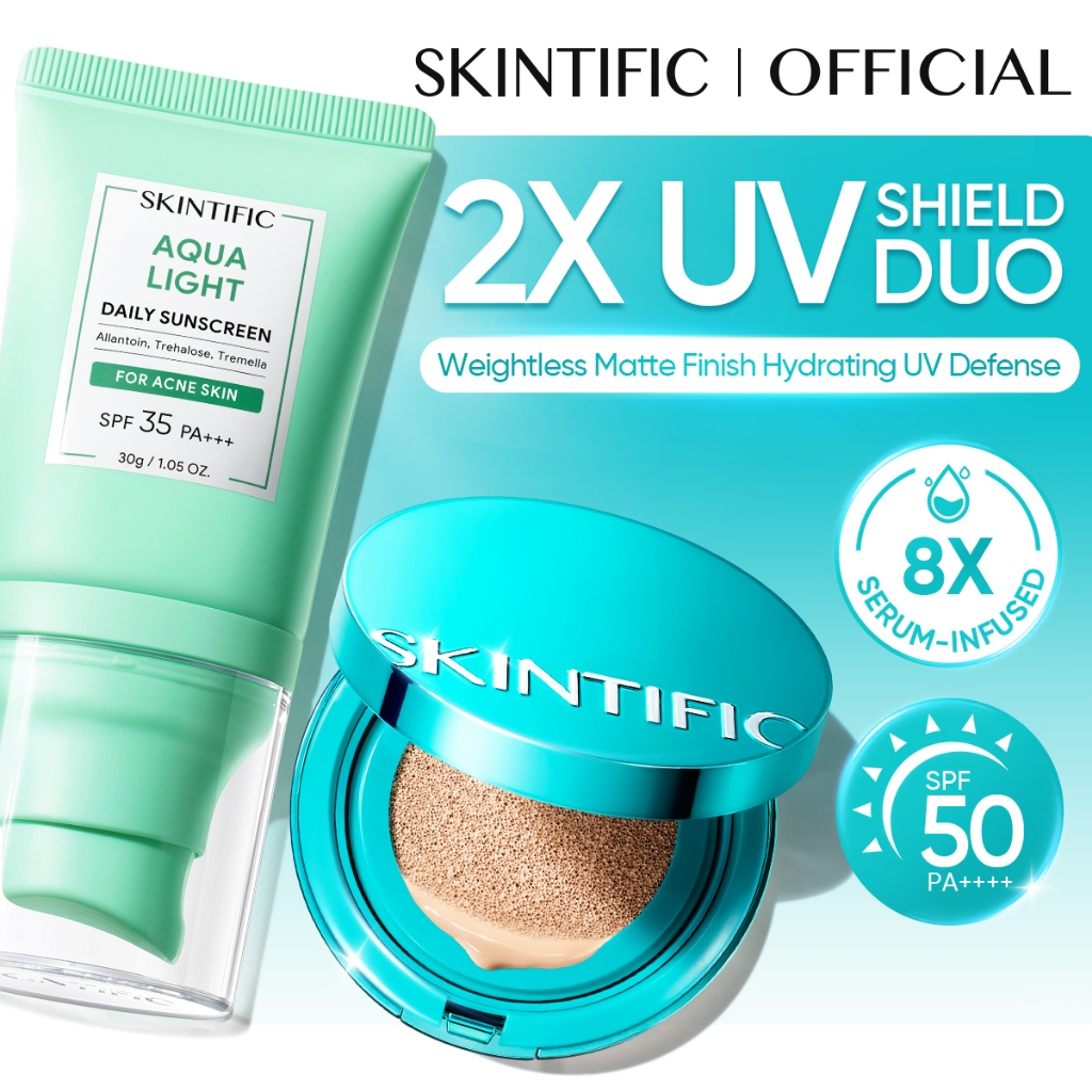 SKINTIFIC / 2PC Makeup Set Perfect Stay Serum Matte Cushion Foundation SPF50 PA++++ &Aqua Light Daily Sunscreen SPF 35 PA+++ Soft Matte Finish Menghaluskan Makeup Natural Waterproof Non‑Comedogenic oil‑control Acne care Sunscreen Sunblock Badan Glowi