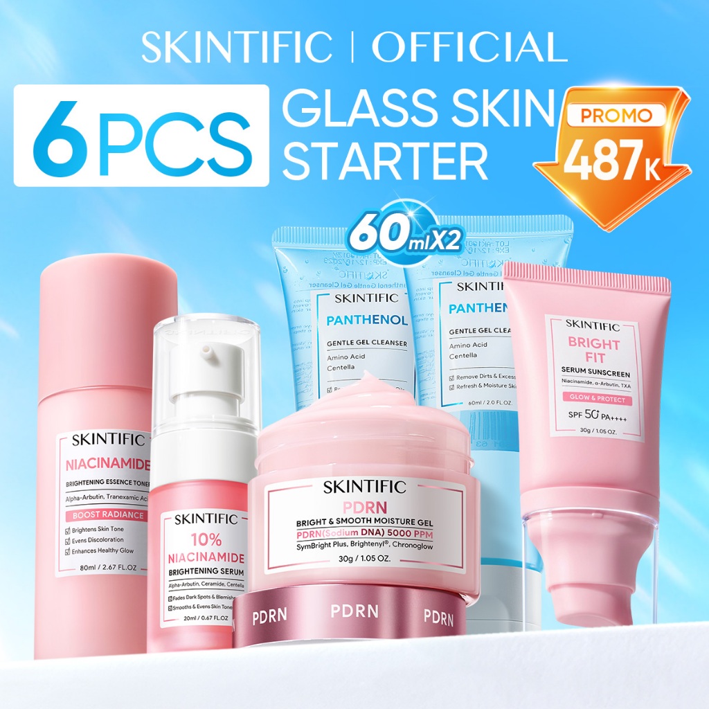 [6PCS] SKINTIFIC Starter Skincare Set – Mini Routine Cleanser + Serum + Toner + Moisturizer + Sunscreen – Paket Perawatan Wajah Pemula – Brightening/Glowing/Dark Spot/Glass Skin/Barrier Repair – Niacinamide/PDRN/377/Ceramide – BPOM - Gambar 3