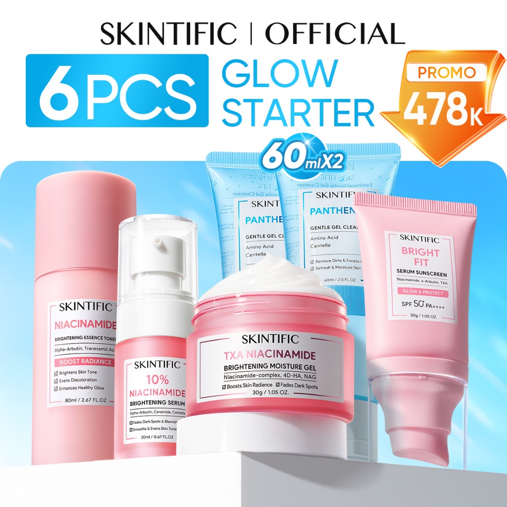 [6PCS] SKINTIFIC Starter Skincare Set – Mini Routine Cleanser + Serum + Toner + Moisturizer + Sunscreen – Paket Perawatan Wajah Pemula – Brightening/Glowing/Dark Spot/Glass Skin/Barrier Repair – Niacinamide/PDRN/377/Ceramide – BPOM