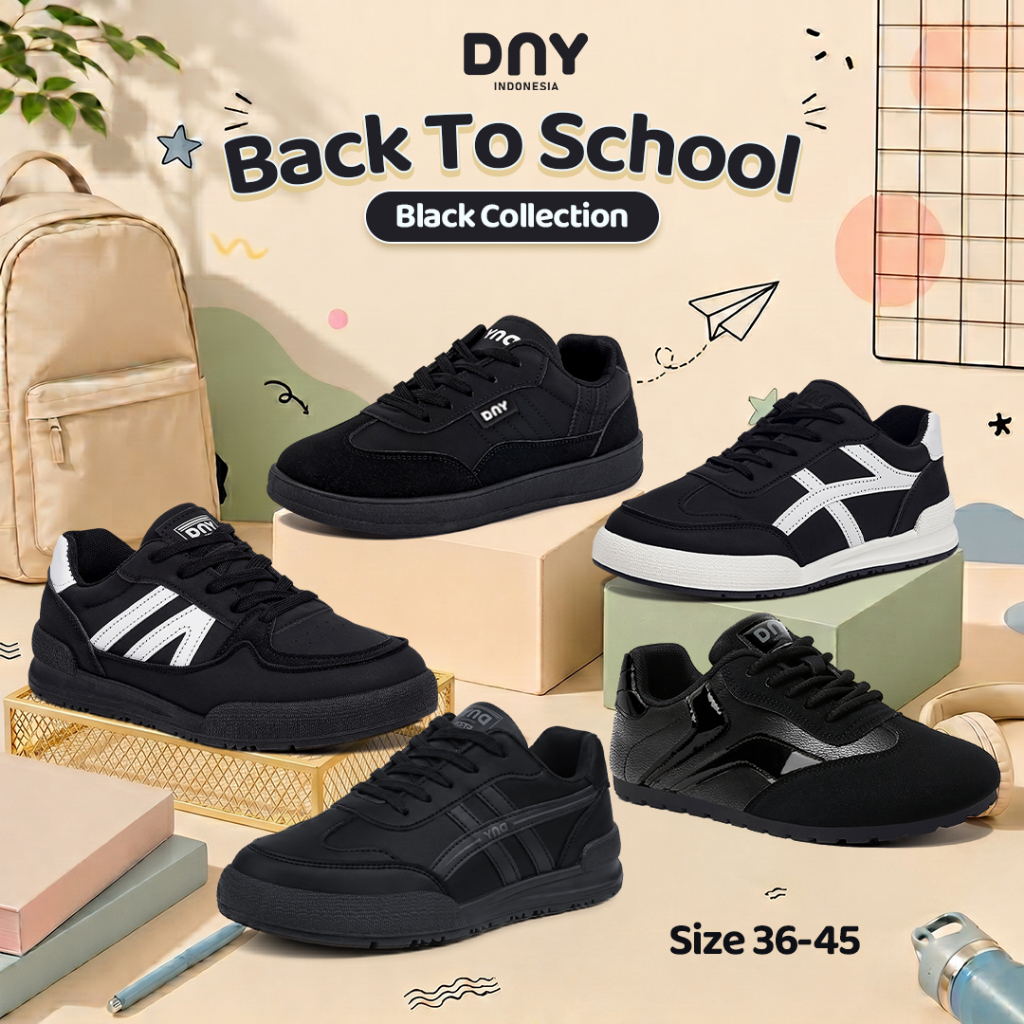 Sepatu DNY Sneakers Wanita Pria Back To School Series Hitam Size 36 - 45 Unisex Gaya Klasik Retro Modern Nyaman dan Stylish BTS-009