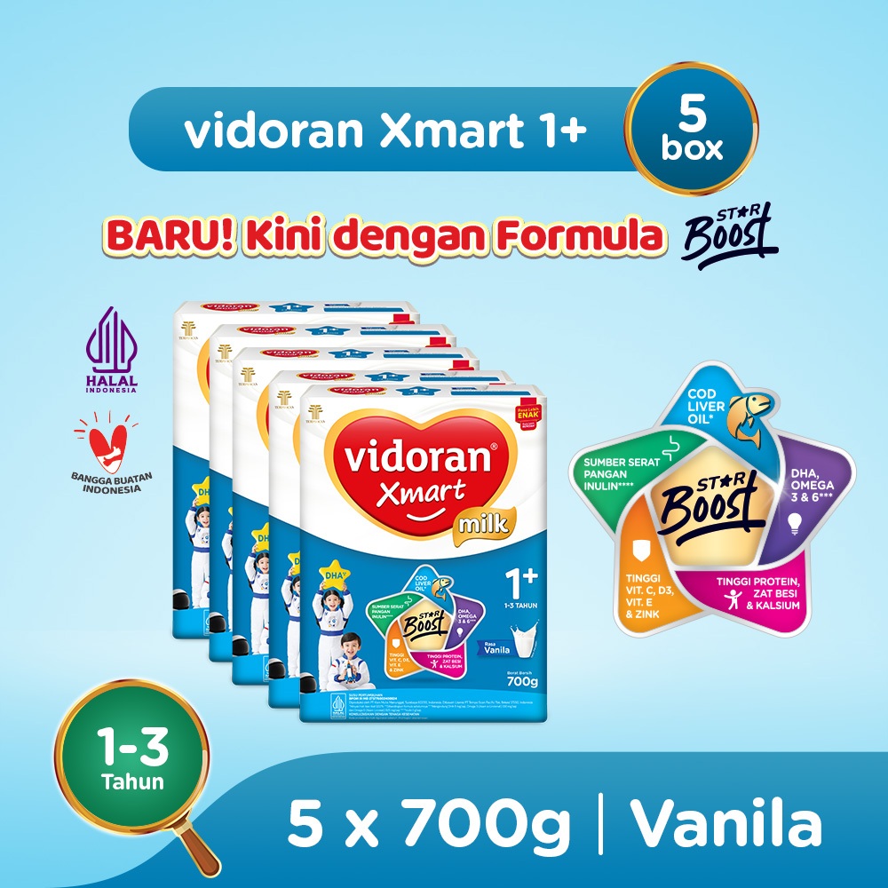 vidoran Xmart 1+ Vanilla 700gr Susu Formula Pertumbuhan Anak 1-3 Tahun - 5 box - Exp : 04.2027