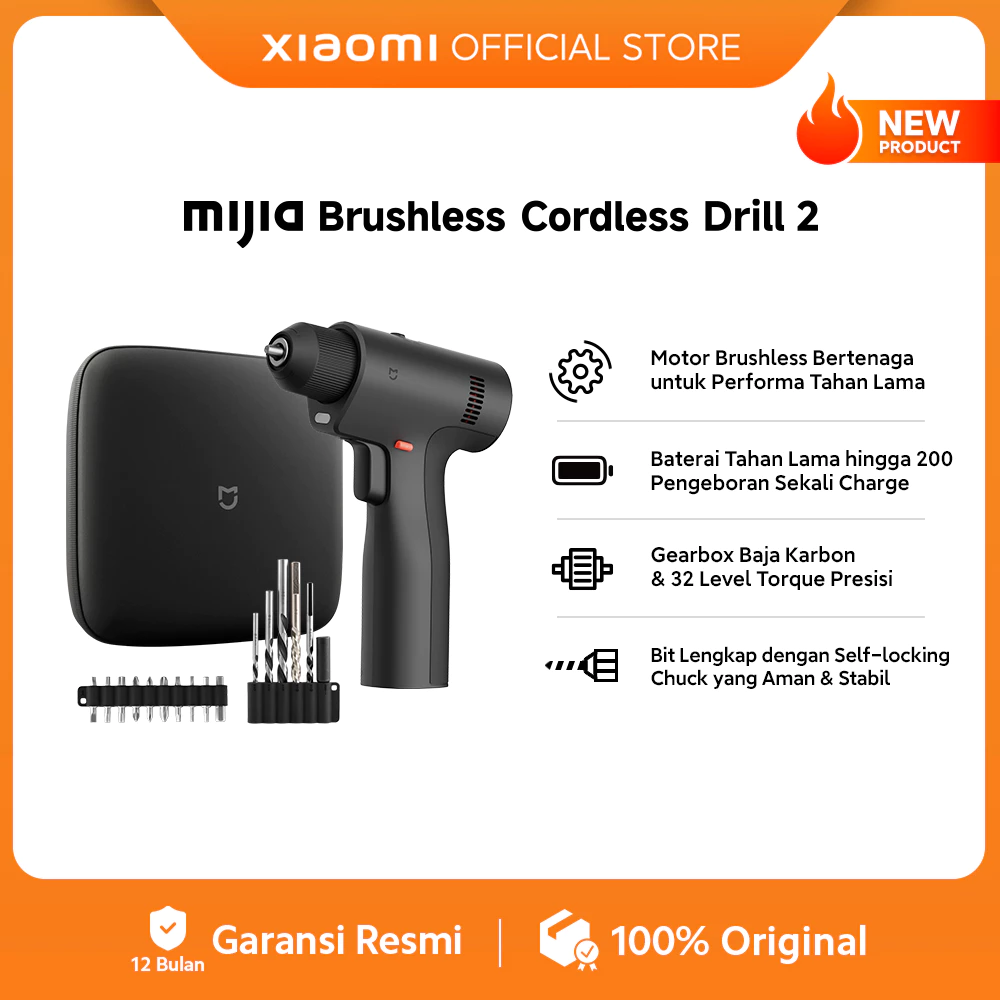 Xiaomi Mijia Brushless Cordless Drill 2 / Motor Brushless Performa Tahan Lama / Baterai Tahan hingga 200 Pengeboran Sekali Charge / Gearbox Baja Karbon & 32 Level Torque Presisi / Bit Lengkap Self-locking Chuck [Xiaomi Official Store]