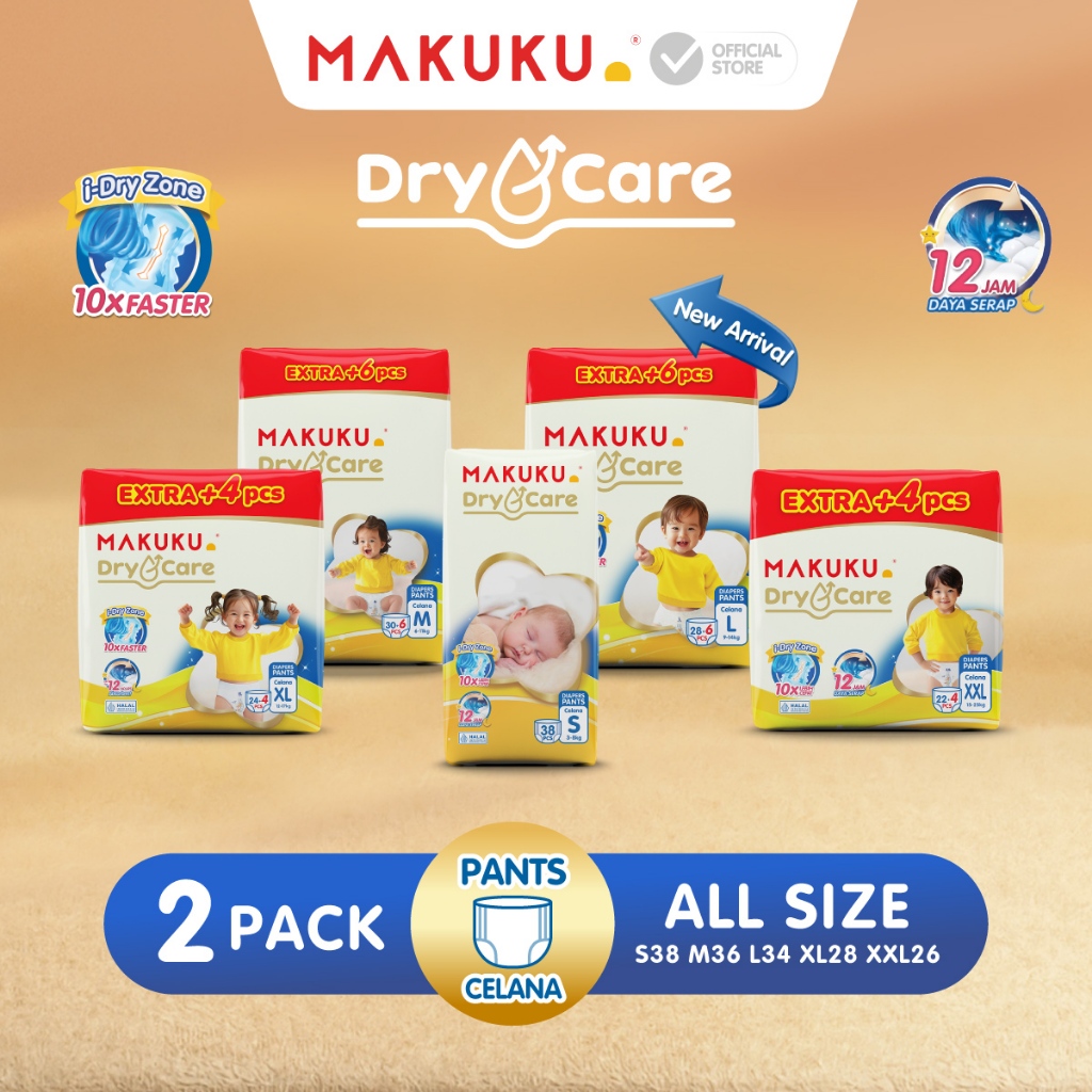 [2 PACK] Makuku Diapers Dry Care 3.0 Popok Bayi Celana/PantsRegular Pack S38 / M30+6 / L28+6 /XL24+4 / XXL22+4
