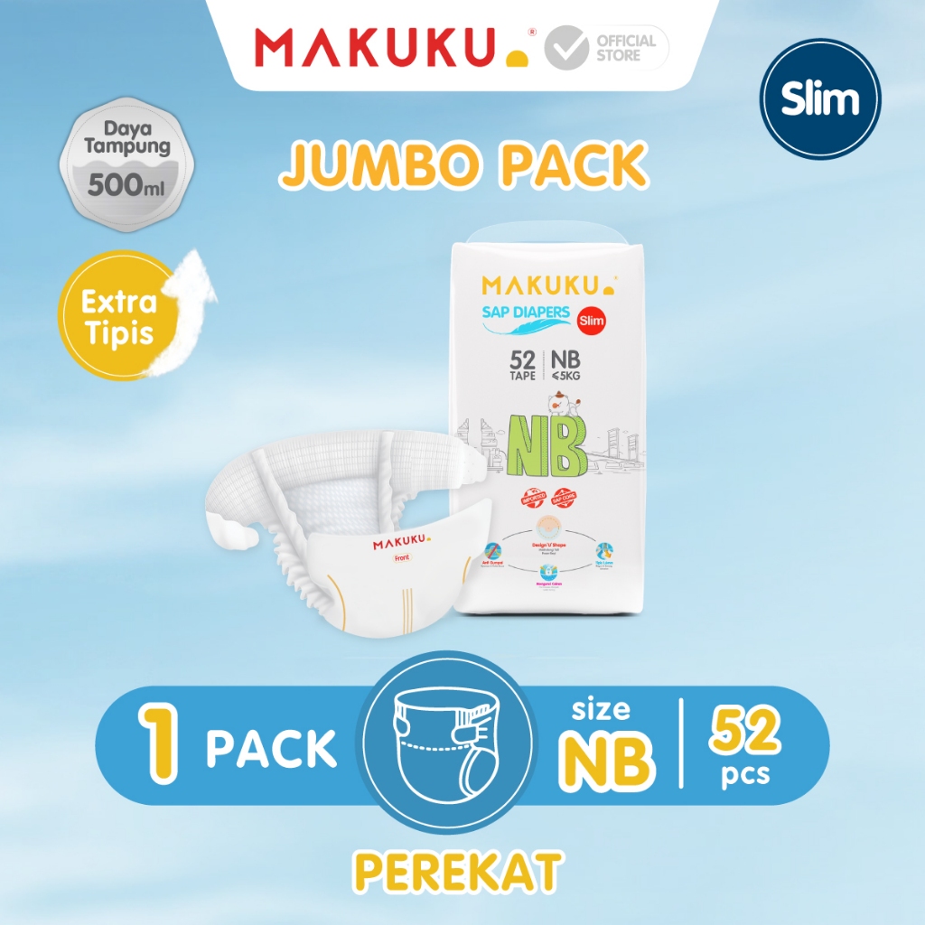 [1 PACK] MAKUKU SAP Diapers Slim Jumbo / Popok bayi Tipis SAP anti gumpal cepat kering sekali pakai NB52