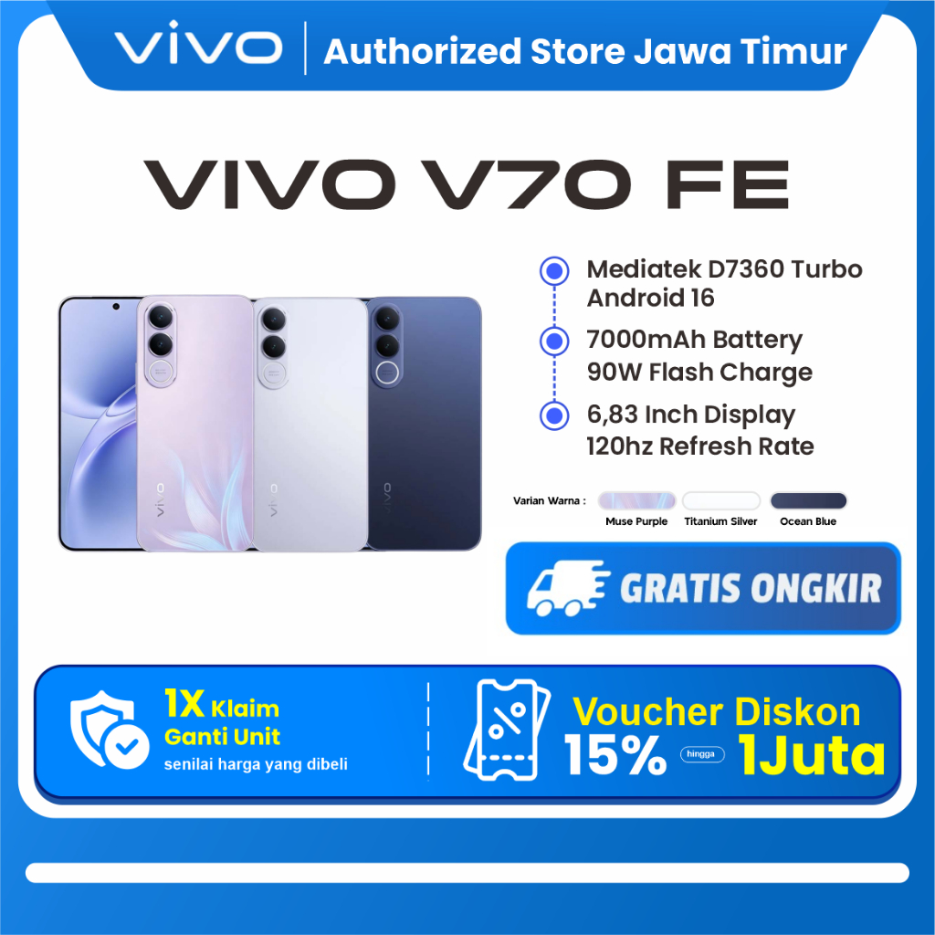 [New Launch] VIVO V70 FE 5G 12/256GB 50MP ZEISS Camera, 6.500 mAh, 90W Fast Charge, 120Hz Garansi Resmi 1 Tahun