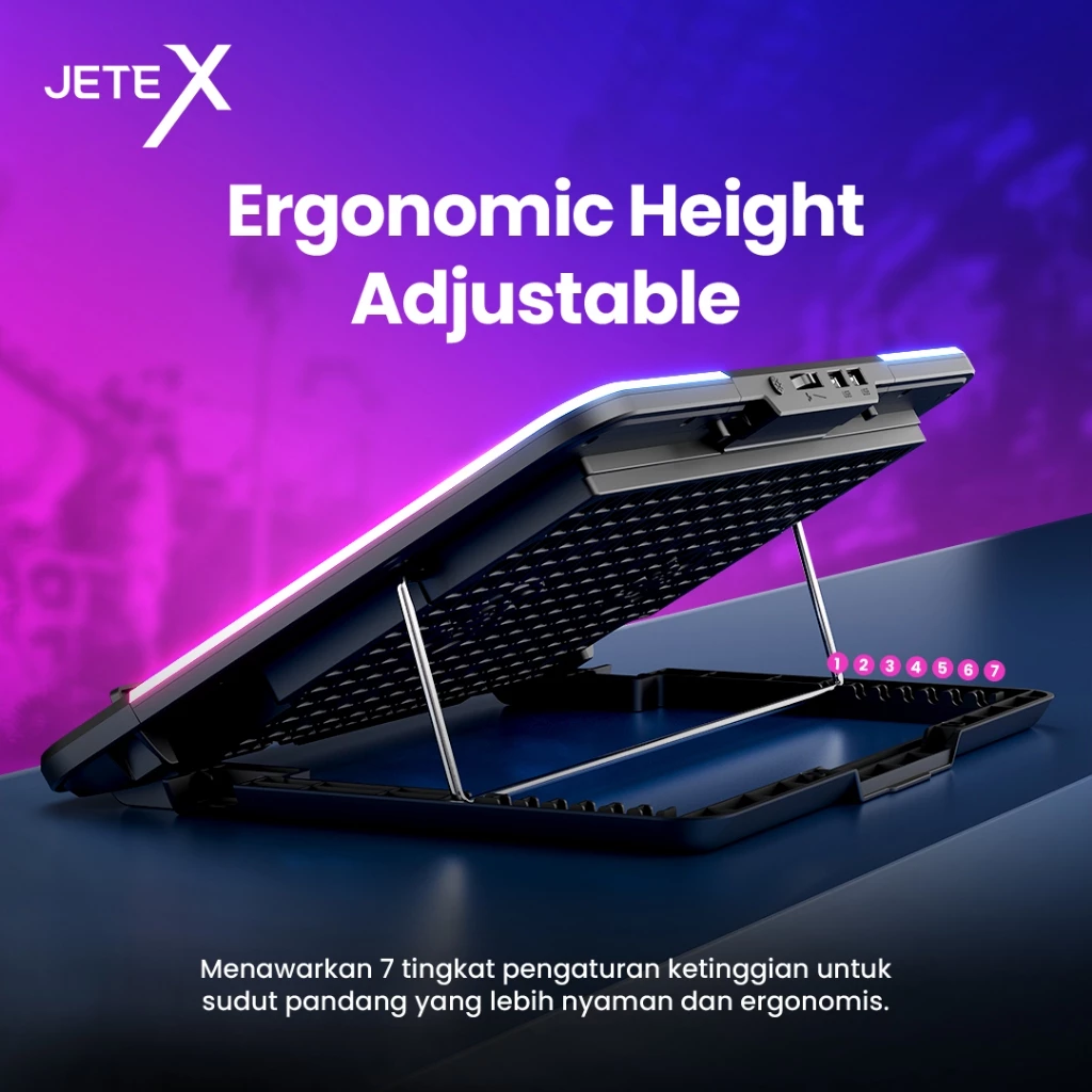 Cooling pad JETE LX1 pendingin Laptop notebook cooler gaming RGB light with phone holder 6 fan usb port silent technology - Gambar 4