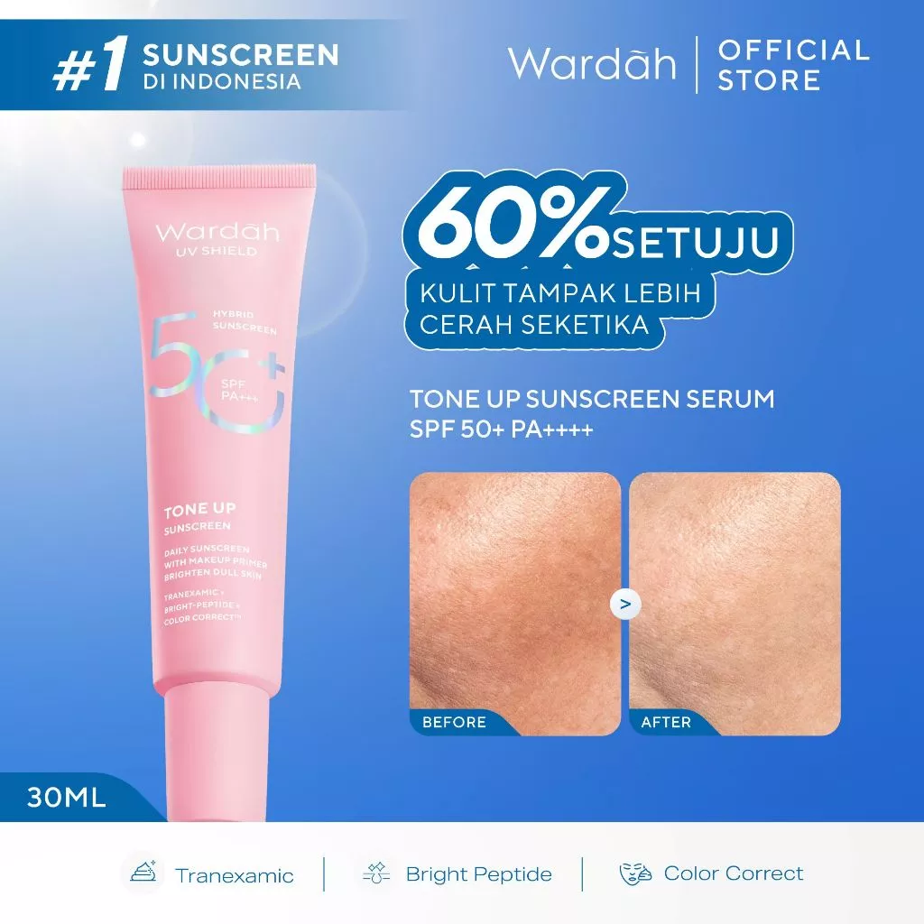 Wardah Sunscreen UV Shield Tinted Tone Up SPF 50 PA 30 ml - Makeup Primer, Base Make Up, Mencerahkan Wajah, Samarkan Noda Hitam, Tidak Lengket, Cepat Meresap - Sunscreen No. 1 Sunscreen of the Year - Skincare