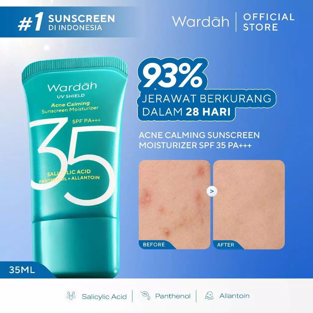 Wardah Sunscreen UV Shield Acne Calming Sunscreen Moisturizer SPF 35 PA+++ Single, Twinpack, Triple Pack Sunscreen Wajah - Meredakan Jerawat, Ringan, Mudah Meresap Calming and Repair Boosting - Sunscreen Wajah Glowing BPOM - Skincare - Gambar 3