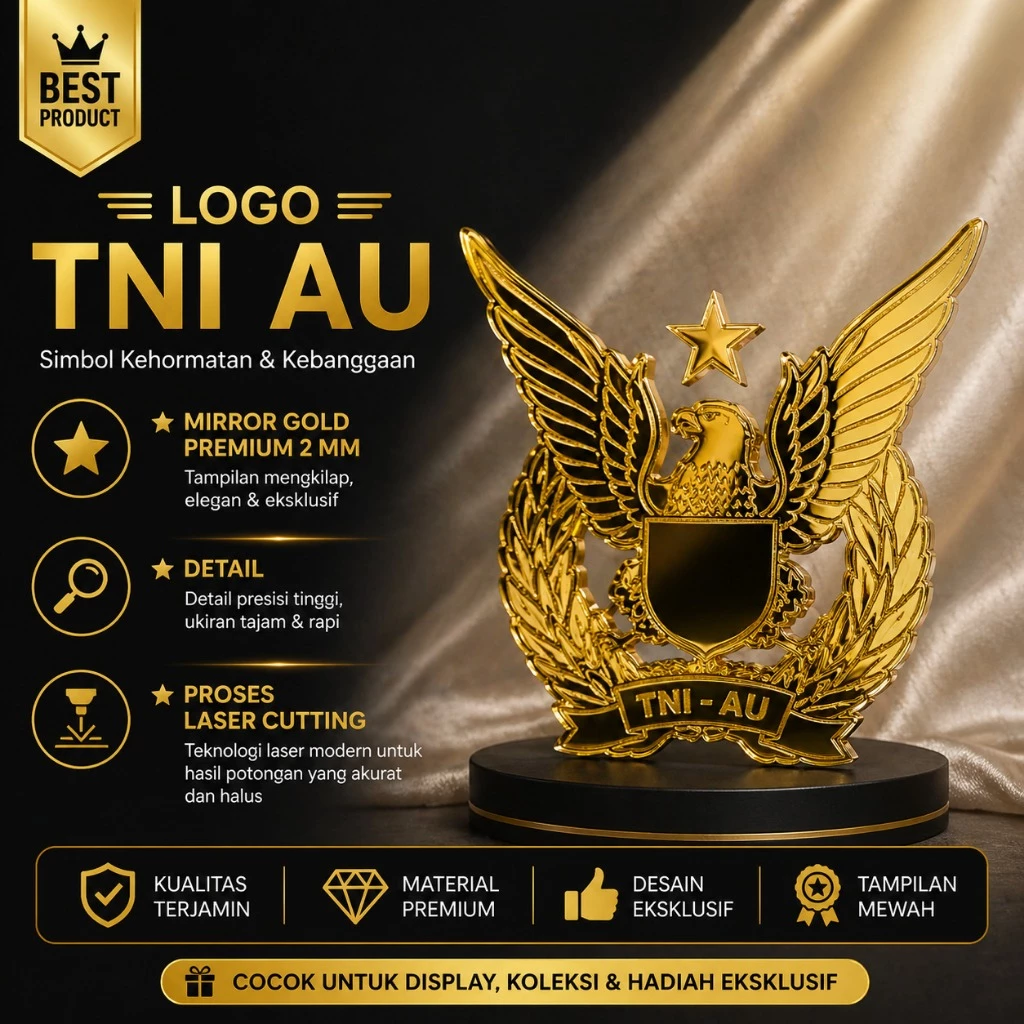 Logo TNI-AU akrilik mirror gold - bahan mahar