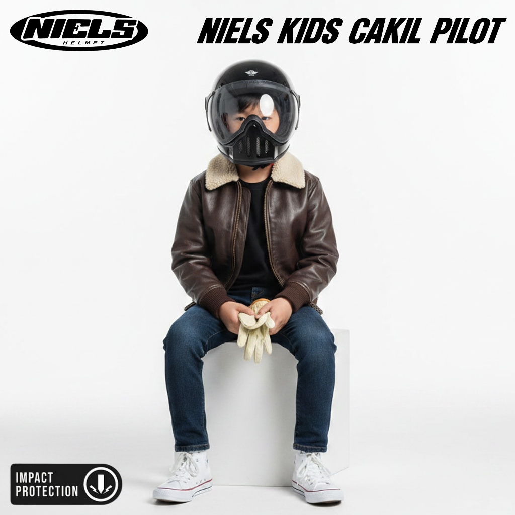 NIELS Cakil Anak Helm Full Face Retro Anak Kaca Pilot SNI - Gambar 4