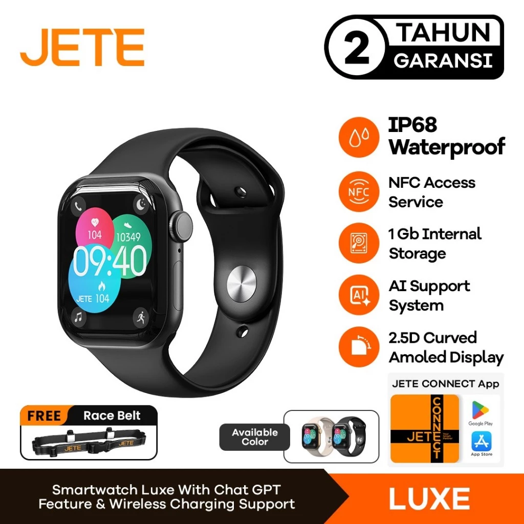 JETE LUXE Smartwatch Jam Tangan 1.85" AMOLED Screen Display ChatGPT NFC AI System Bluetooth Call IP68 Waterproof Tahan Air 100+ Sport Mode Heart Rate Sleep Monitoring untuk Pria Wanita (RTL)