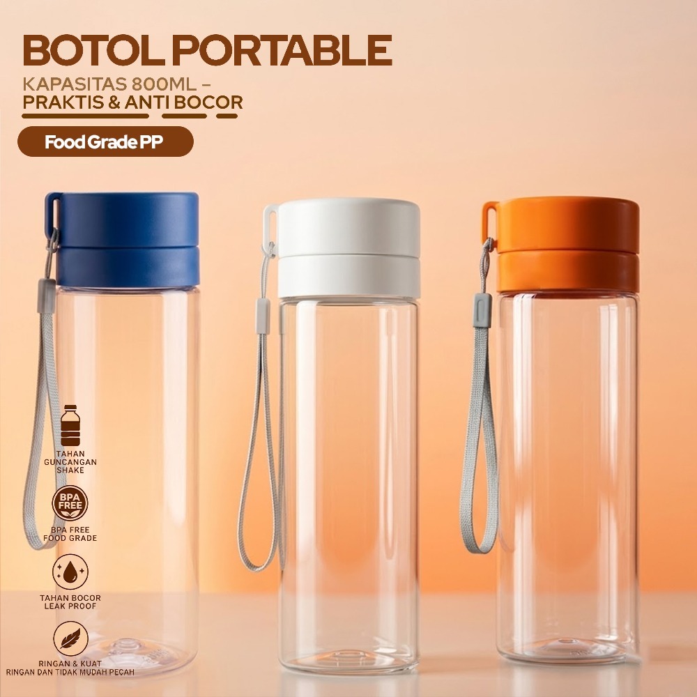 Botol Plastik Transparan - Botol Air Minum 800 ML + Botol Anak Sekolah SD TK SMP Aesthetic BPA Free - Gambar 2