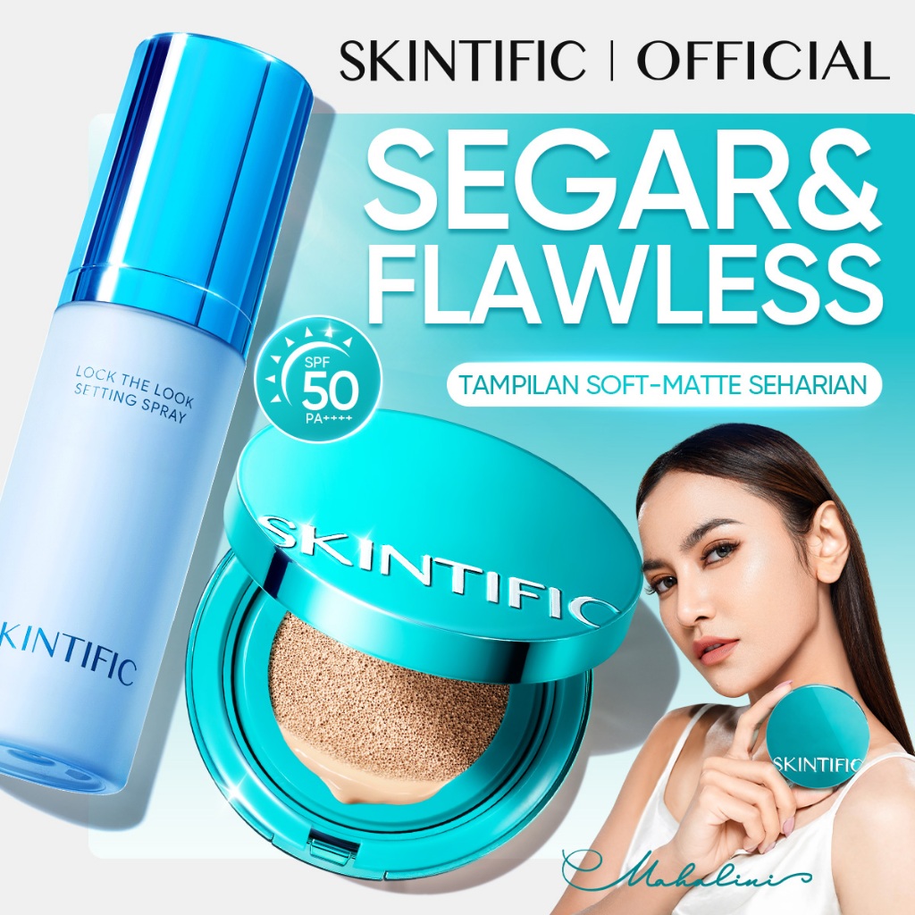 SKINTIFIC - 2pcs Paket-Beauty Set / perfect stay serum matte cushion foundation spf 50 pa++++&Lock The Look Setting Spray Bedak Cushion Makeup Set