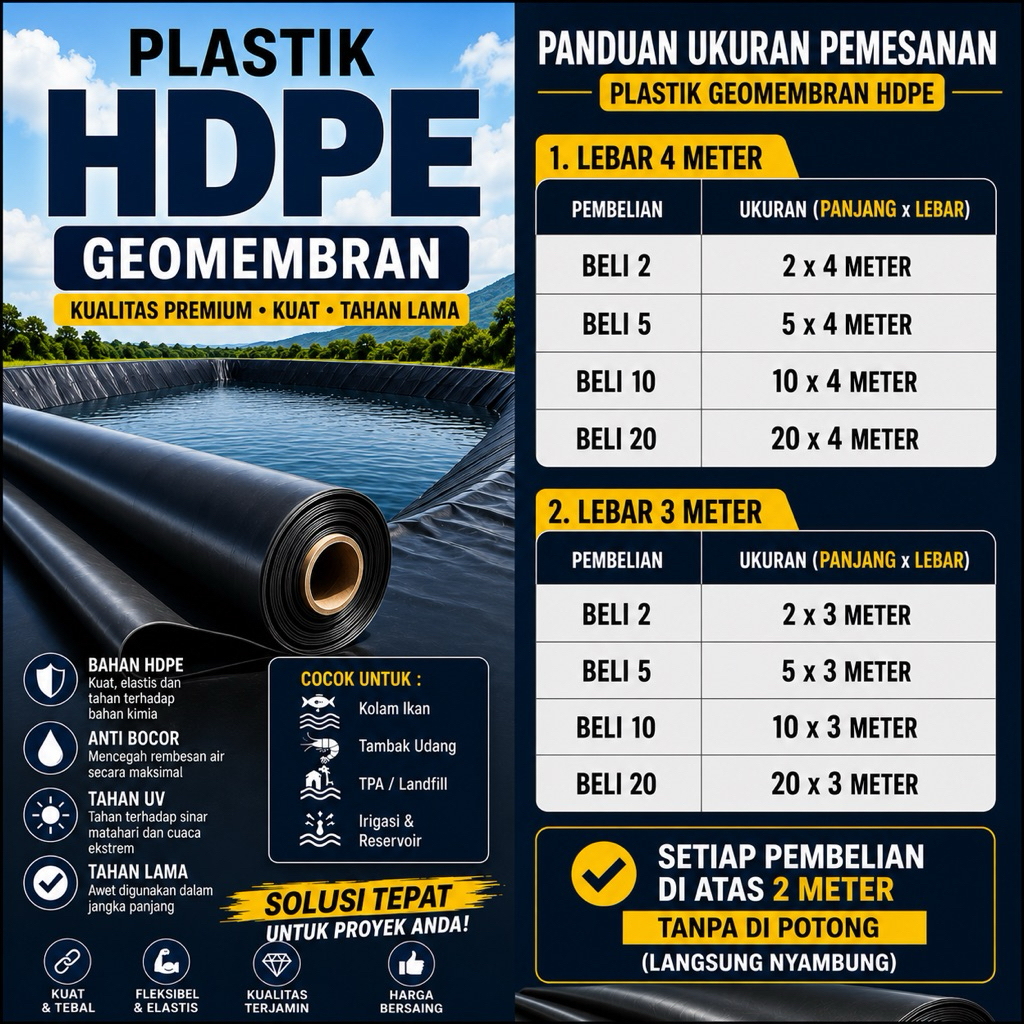 HDPE GEOMEMBRANE PLASTIK KOLAM Tebal - Lebar 4 Meter dan 3 meter ( setelah dibelah ) - Ketebalan 150 dan 200 Micron - Gambar 2
