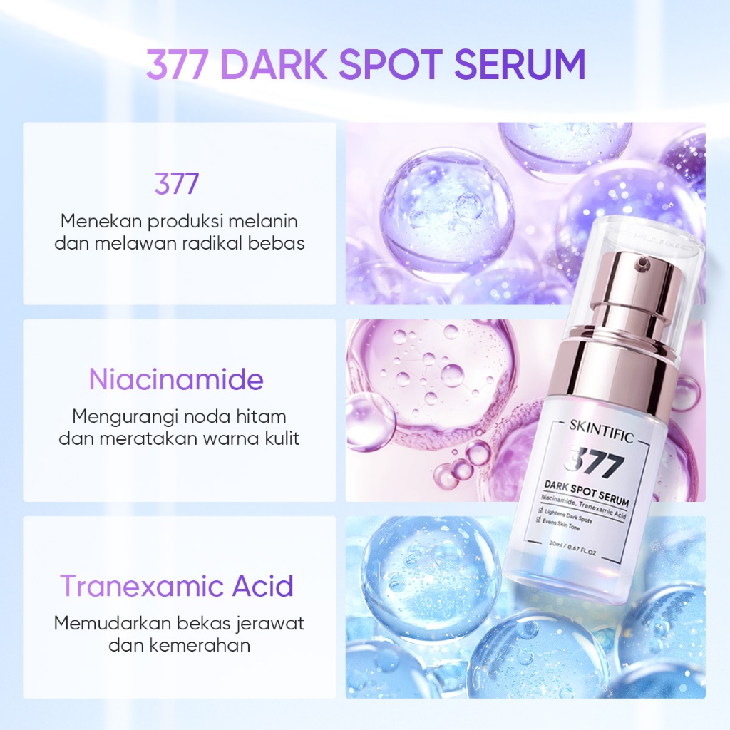 SKINTIFIC - 2PCS 377 Dark Spot Set / Moisturizer 30g + Serum 20ml - 14 Hari Flek Hitam Samar Menyamarkan Noda Hitam Warna Kulit Tidak Merata Kulit Kusam Bekas Jerawat PIH&PIE mencerahkan kulit Glass Skin Brightening Glowing Moist Whitening Moisture Ge - Gambar 4
