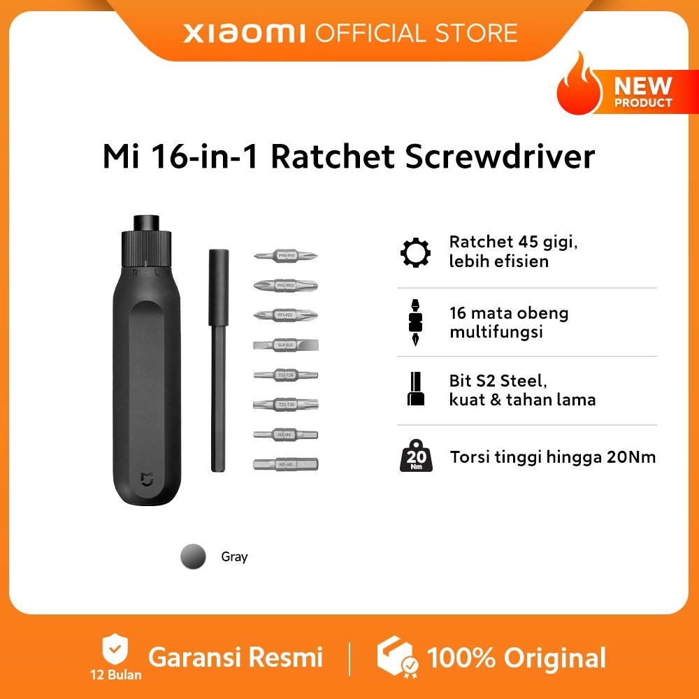 Xiaomi Mi 16-in-1 Ratchet Screwdriver / Ratchet 45 Gigi, Lebih Efisien / 16 Mata Obeng Multifungsi / Bit S2 Steel, Kuat & Tahan Lama / Torsi Tinggi hingga 20 Nm [Xiaomi Official Store]
