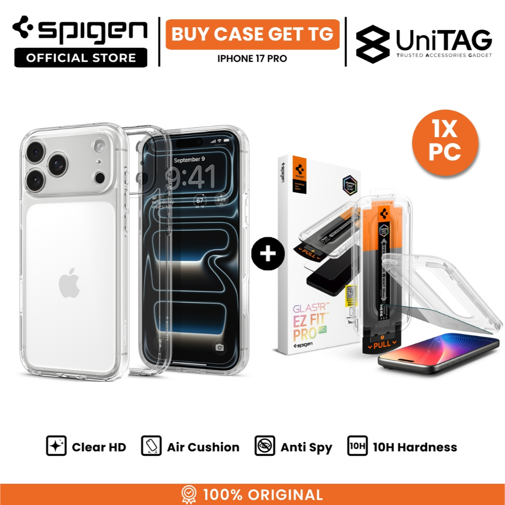 SPIGEN Special Bundling for iPhone 17 Pro Case Ultra Hybrid Crystal Clear + Tempered Glass with Tray 1 Pack Glas.tR EZ Fit Pro HD Privacy