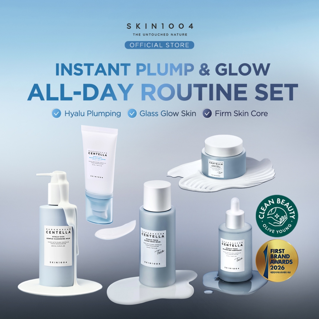 SKIN1004 Madagascar Hyalu-Teca All Day Routine Set (Centella Hyalu-Cica Gentle Cleansing Milk 200ml + Hyalu-Teca Plumping Ampoule 50ml + Hyalu-Teca Glass Skin Milk 210ml + Hyalu-Teca Firming Cream 50ml + Hyalu-Cica Water-Fit Sun Serum 50ml)