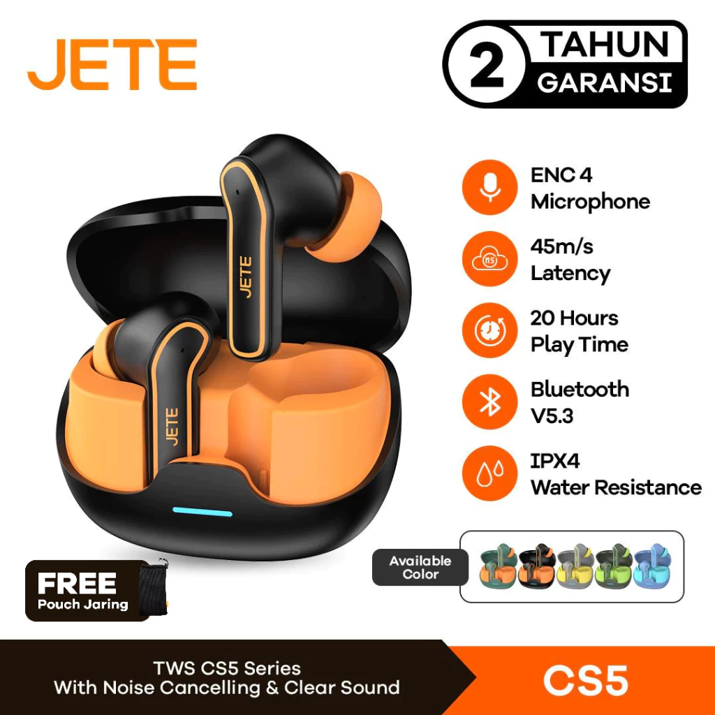 TWS Bluetooth ENC with 4 Mic JETE CS5 BT 5.3 IPX4 Playtime 20H - Garansi 2th