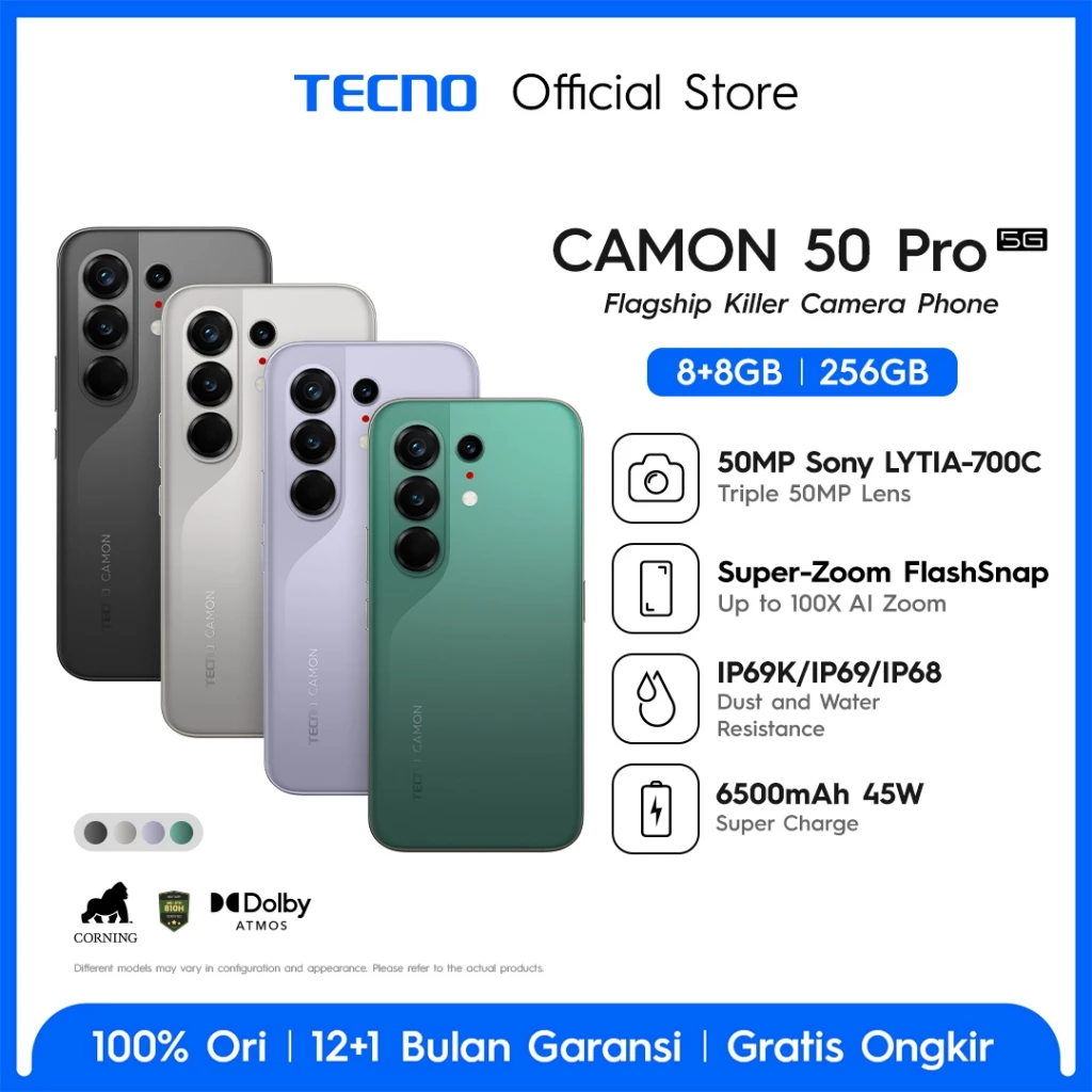[5x SUPERZOOM FLASHSNAP] TECNO CAMON 50 PRO 5G 8GB+8GB*/256GB, 50MP Sony LYT-700C, 50MP 3x Telephoto Camera, MediaTek Dimensity 7400 Ultimate 5G, IP69K, 6500mAh, Android 16, camon50pro - Gambar 2