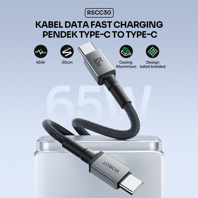 Robot Kabel Type-C 65W Fast Charge 30cm - Gambar 3